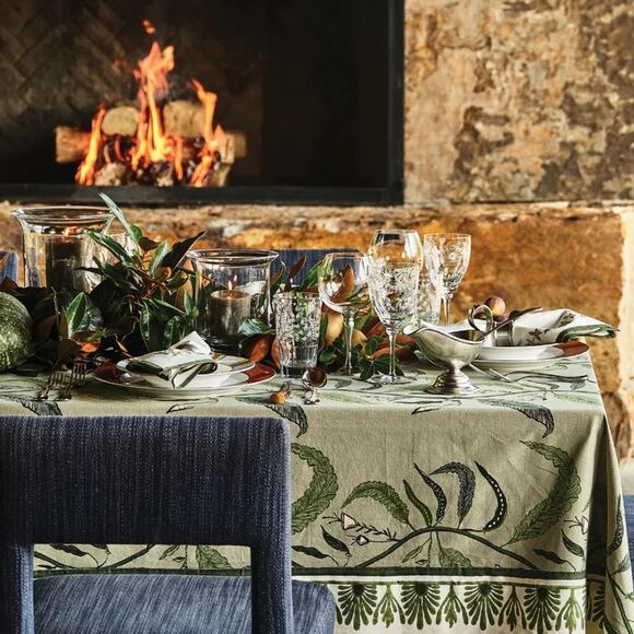 Maison Venu Tuileries Tablecloth Blockprinted Trim - Picture 3 of 3